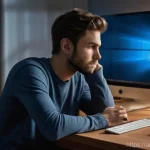 네트워크 실무에서 발생한 데이터 전송 문제 해결 사례 - "A detailed, realistic photo of a young adult male, wearing a casual t-shirt and jeans, sitting at a...