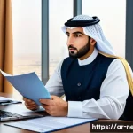 네트워크관리사 취득 후 연봉 협상 경험 공유 - A confident Arab professional man in formal business attire, sitting at a modern office desk with a ...