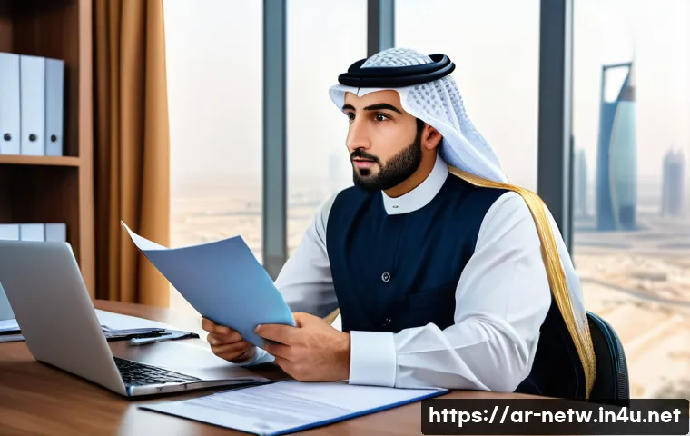 네트워크관리사 취득 후 연봉 협상 경험 공유 - A confident Arab professional man in formal business attire, sitting at a modern office desk with a ...