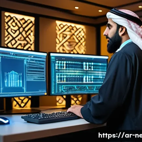 네트워크 실기 시험 대비 라우팅 알고리즘 정리법 - A detailed professional network lab setup illustrating a Middle Eastern engineer in traditional atti...