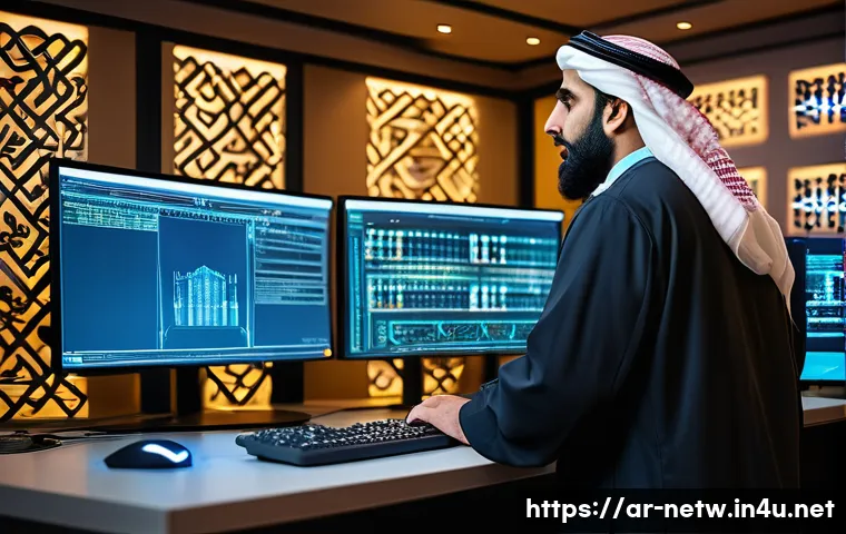 네트워크 실기 시험 대비 라우팅 알고리즘 정리법 - A detailed professional network lab setup illustrating a Middle Eastern engineer in traditional atti...