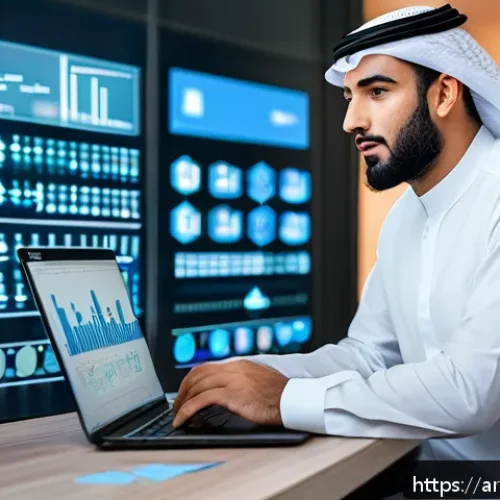 네트워크 자격증으로 진출 가능한 직군과 전망 - A professional Arab man in modern office attire, confidently working on a laptop displaying network ...
