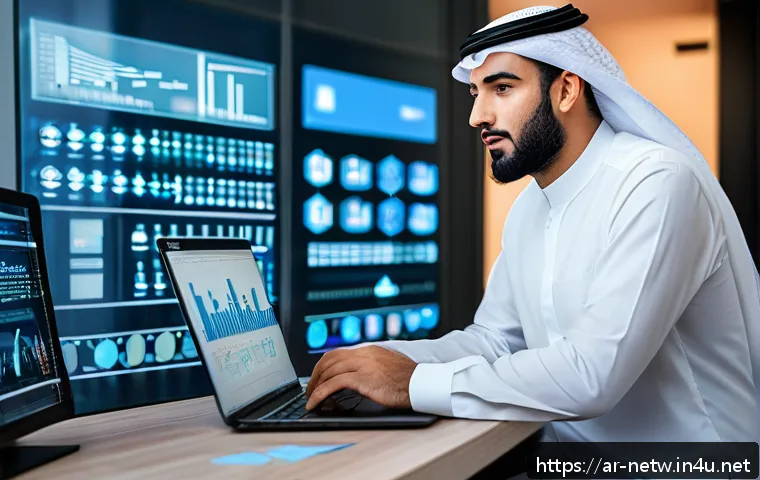 네트워크 자격증으로 진출 가능한 직군과 전망 - A professional Arab man in modern office attire, confidently working on a laptop displaying network ...