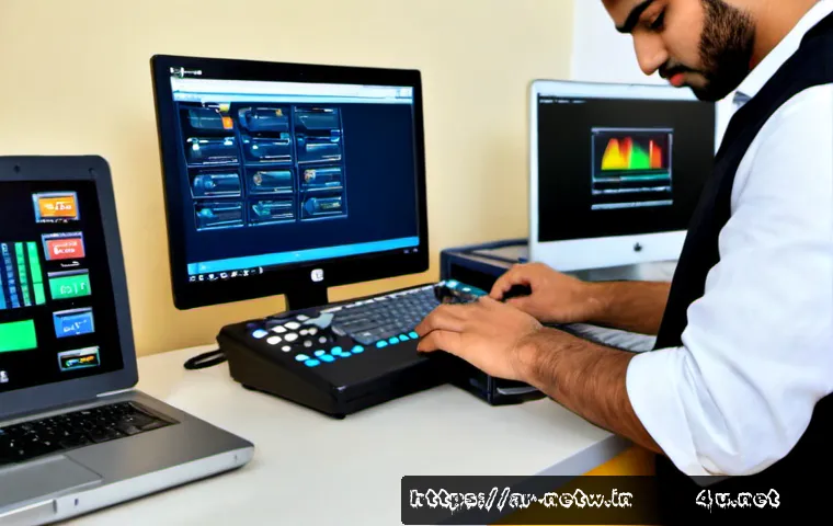 네트워크 실기 시험에서 활용되는 라우터 설정 기법 - Photorealistic network certification practical exam workspace in an Arabic learning center, focused ...